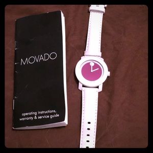 Movado Bold, pink face, white leather strap
